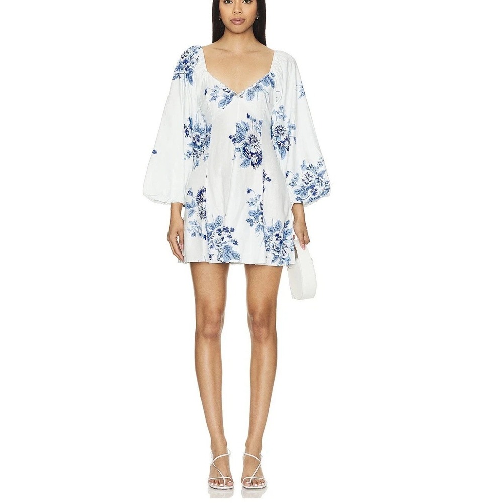 Free People‎ Francesca Mini Dress Floral Pattern Medium Balloon Sleeves EUC - Picture 3 of 12